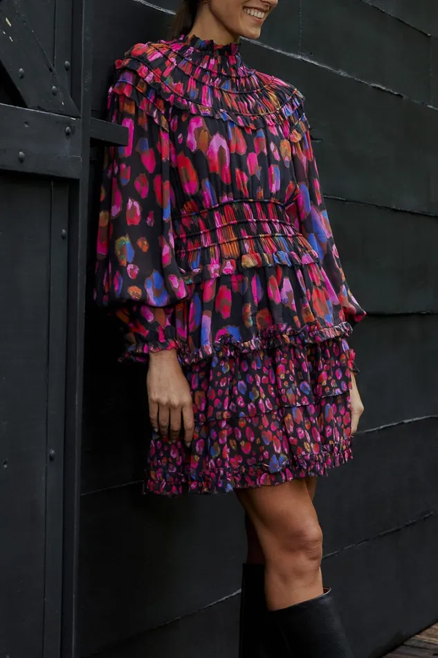 Women Mini Dresses Farm Rio Black Iridescent Leopards Ruffle Mini Dress