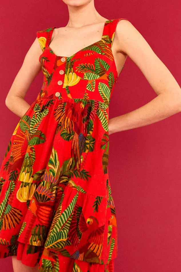 Women Mini Dresses Farm Rio Red Forest Birds Mini Dress