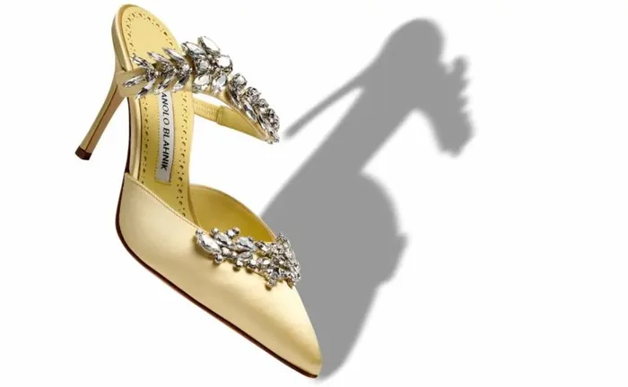 Women Pale Yellow Satin Crystal Embellished Mules Manolo Blahnik Mules