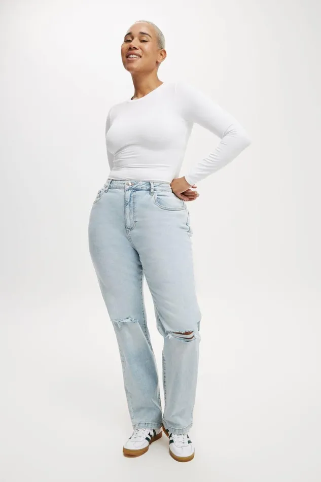 Women Pants Cotton On Curvy Stretch Straight Jean Palm Blue Rip