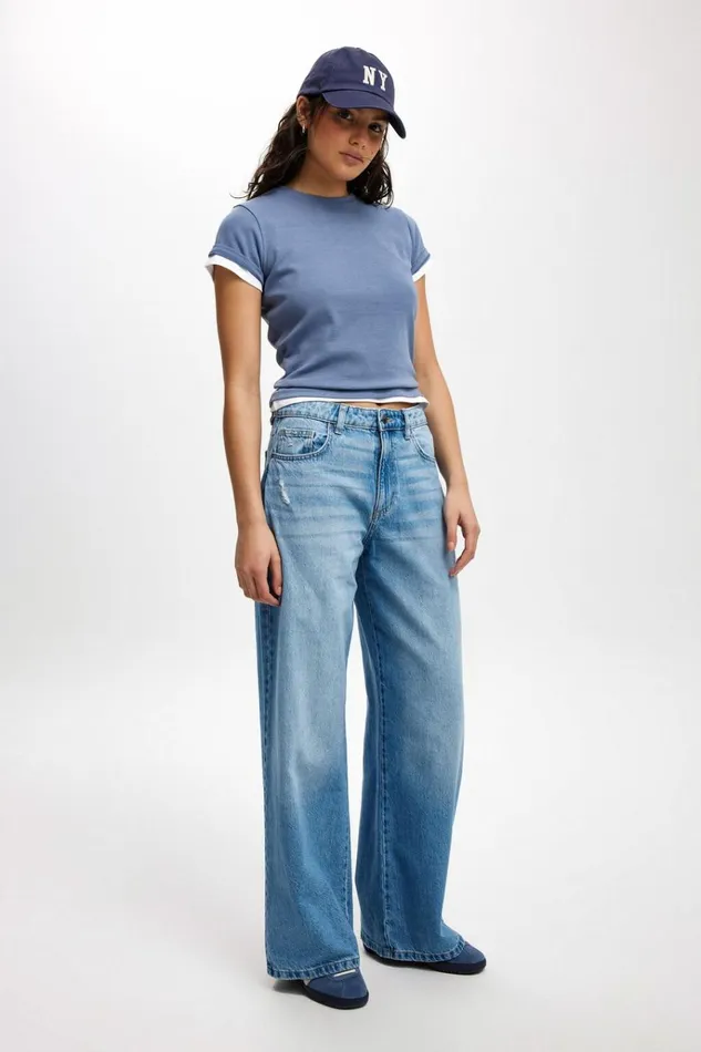 Women Pants Cotton On Relaxed Wide Jean Breeze Blue Worn
