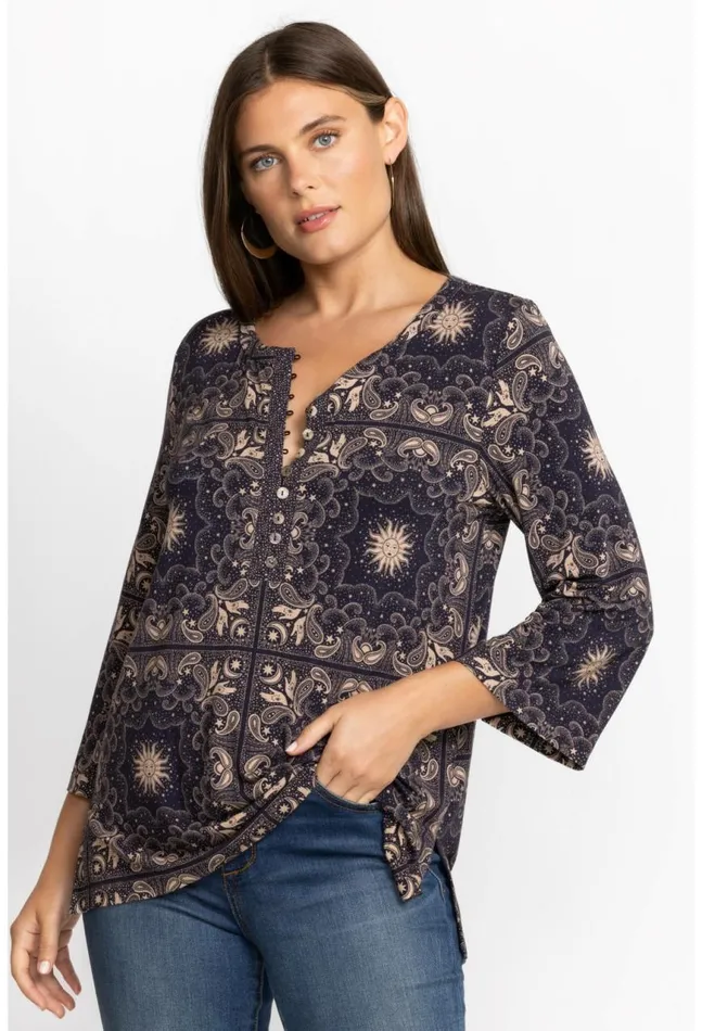 Women Runa Button Front Henley Tee Runa Johnny Was Tops