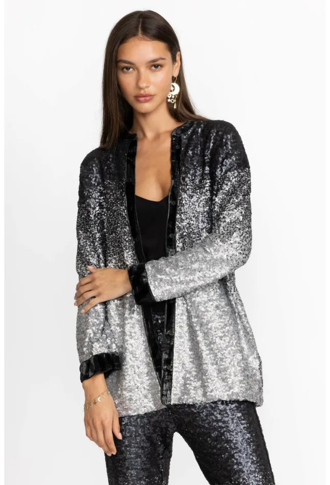 Women Sequin Black Button Up Black Johnny Was Tops