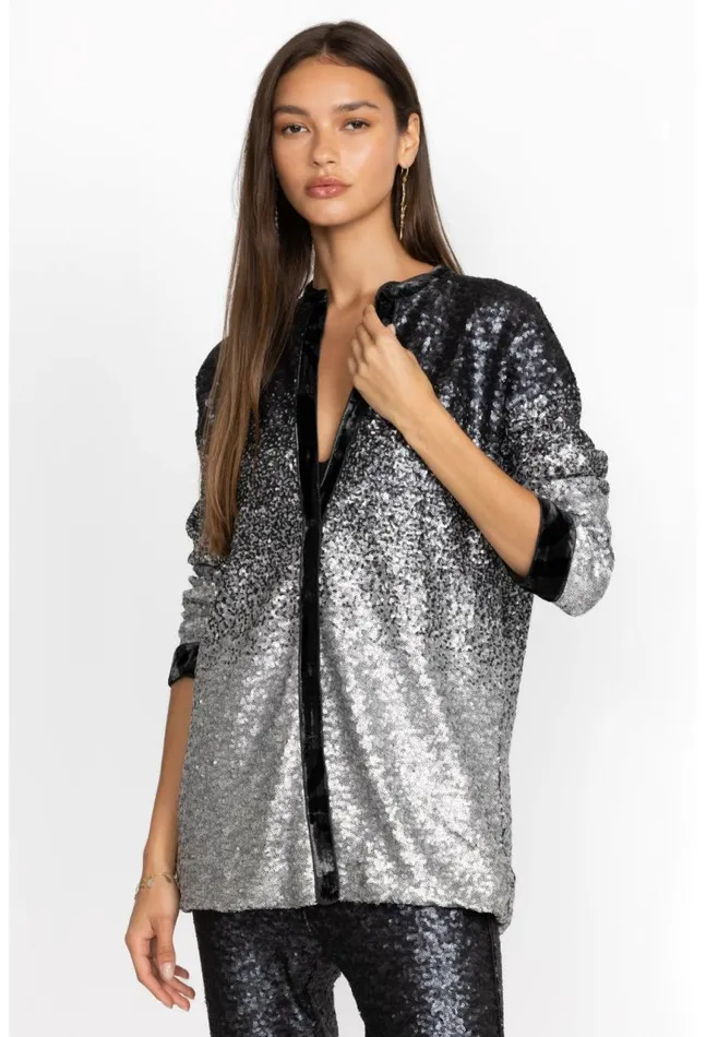 Women Sequin Black Button Up Black Johnny Was Tops