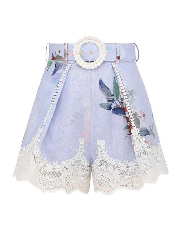 Women Shorts and Pants Zimmermann Everley Lace Trim Tuck Short Light Blue Watercolour Floral