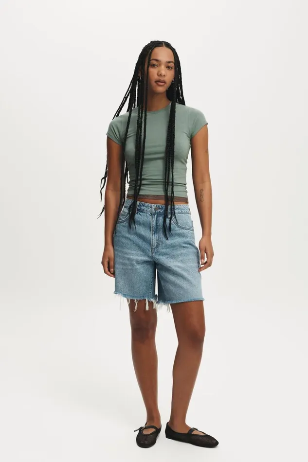 Women Shorts Cotton On Relaxed Denim Short Breeze Blue Worn