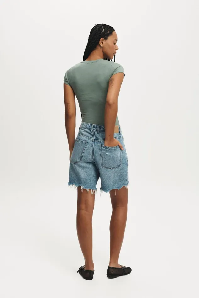 Women Shorts Cotton On Relaxed Denim Short Breeze Blue Worn