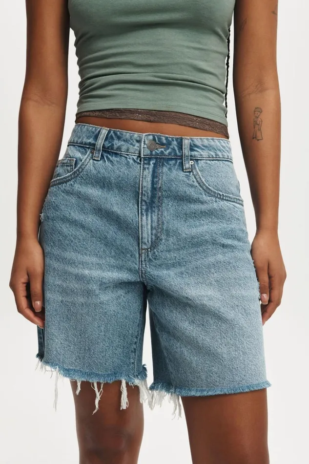 Women Shorts Cotton On Relaxed Denim Short Breeze Blue Worn