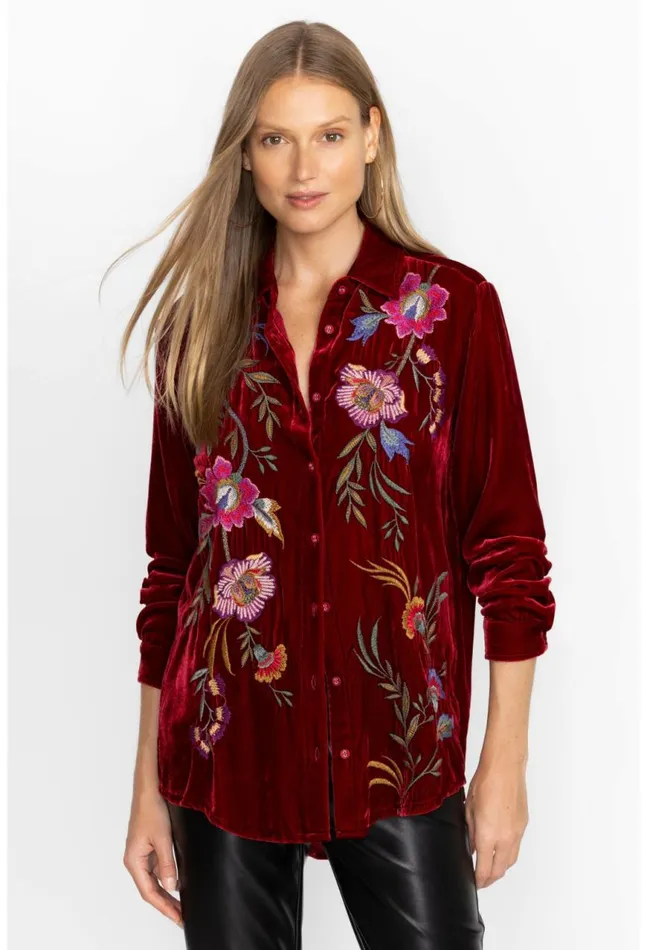 Women Sidonia Velvet Oversized Pleat Shirt Rich Red Johnny Was Tops