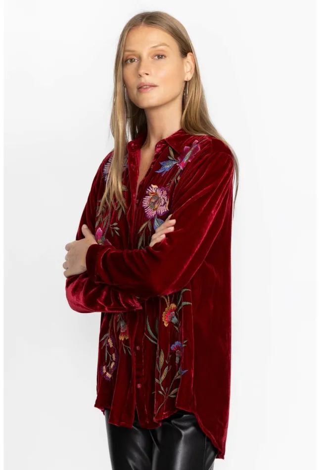 Women Sidonia Velvet Oversized Pleat Shirt Rich Red Johnny Was Tops