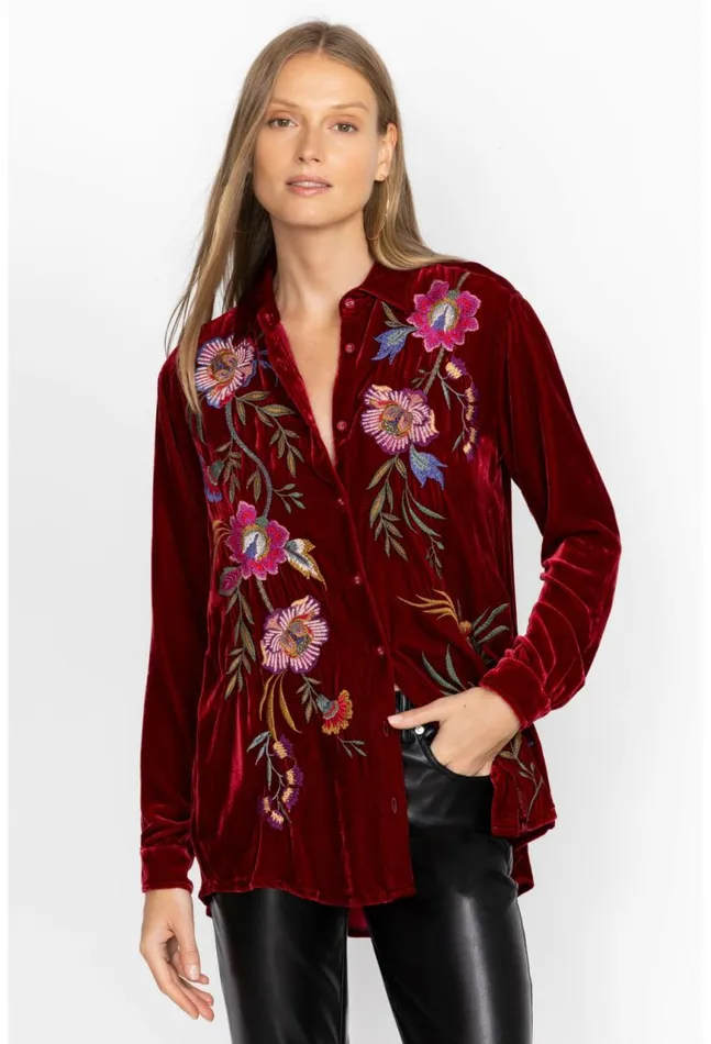 Women Sidonia Velvet Oversized Pleat Shirt Rich Red Johnny Was Tops