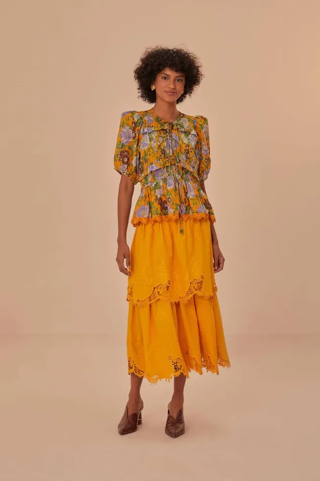 Women Skirts Farm Rio Yellow Mustard Tiered Lace Midi Skirt