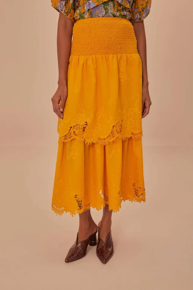 Women Skirts Farm Rio Yellow Mustard Tiered Lace Midi Skirt