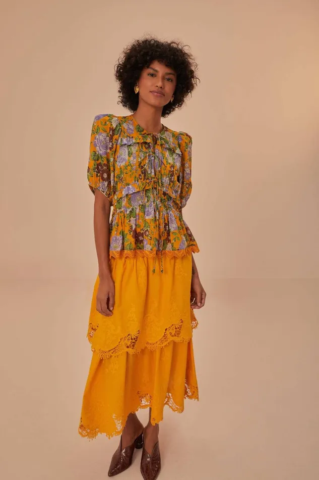 Women Skirts Farm Rio Yellow Mustard Tiered Lace Midi Skirt