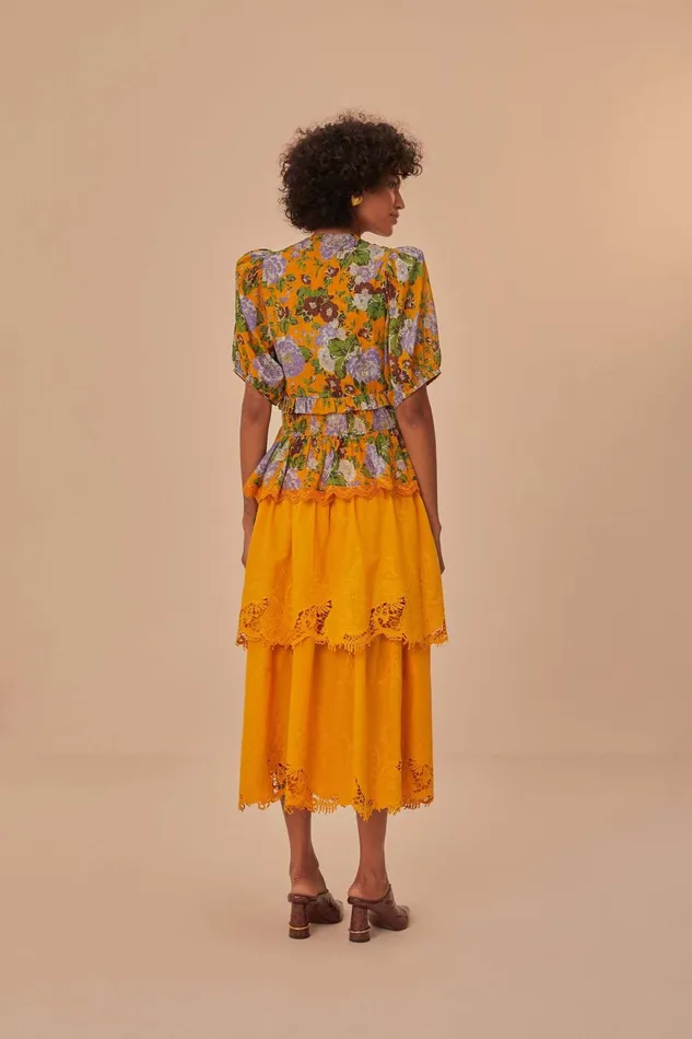 Women Skirts Farm Rio Yellow Mustard Tiered Lace Midi Skirt