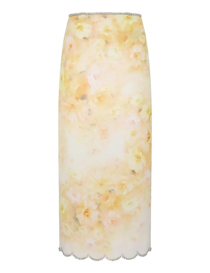 Women Skirts Zimmermann Crush Scalloped Midi Skirt Yellow Floral