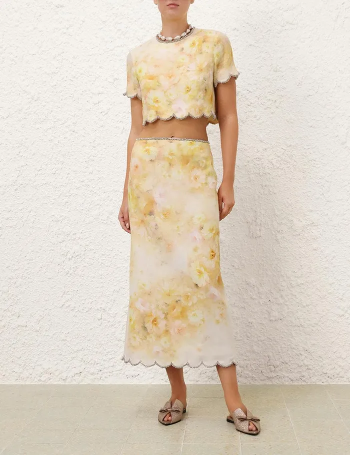 Women Skirts Zimmermann Crush Scalloped Midi Skirt Yellow Floral