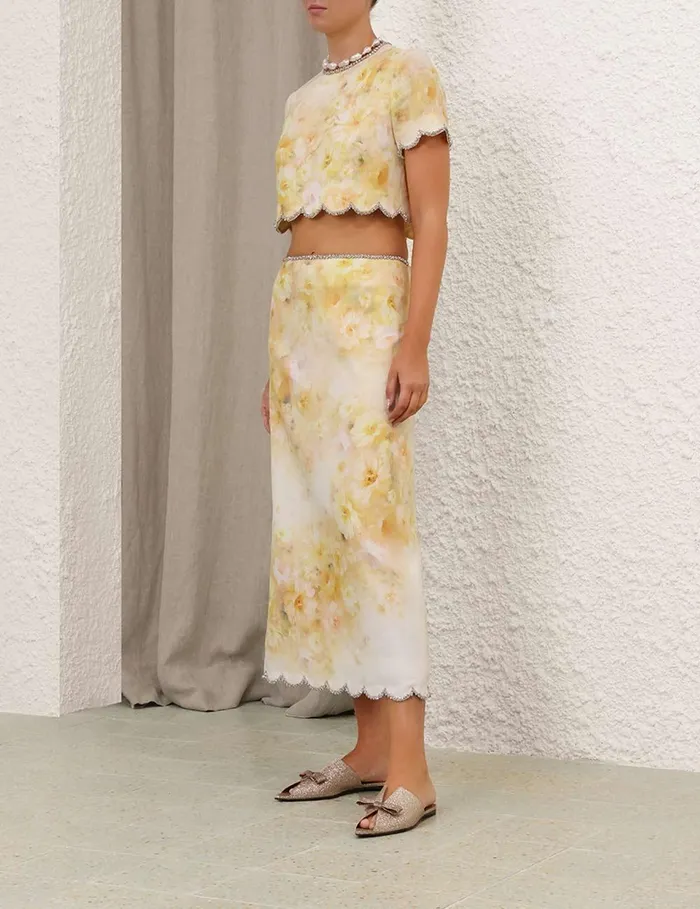 Women Skirts Zimmermann Crush Scalloped Midi Skirt Yellow Floral