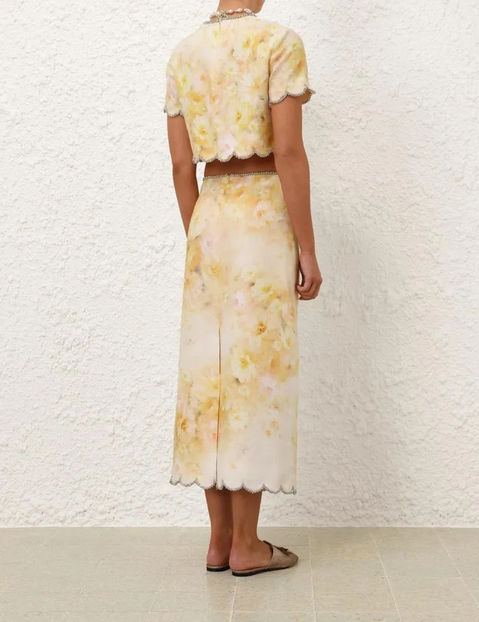 Women Skirts Zimmermann Crush Scalloped Midi Skirt Yellow Floral