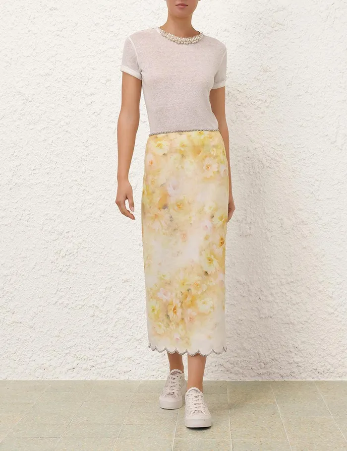 Women Skirts Zimmermann Crush Scalloped Midi Skirt Yellow Floral