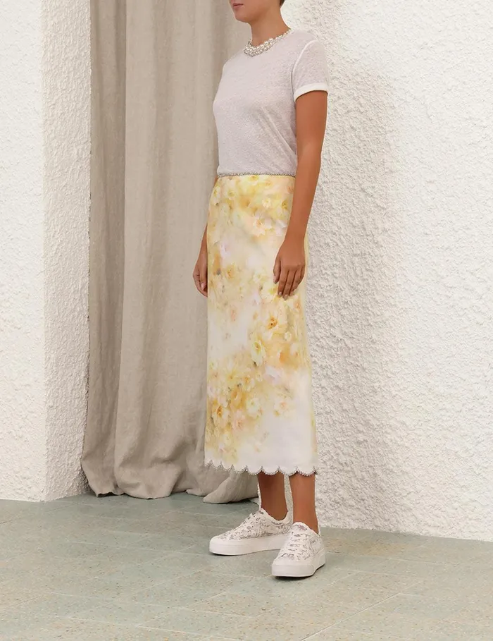 Women Skirts Zimmermann Crush Scalloped Midi Skirt Yellow Floral
