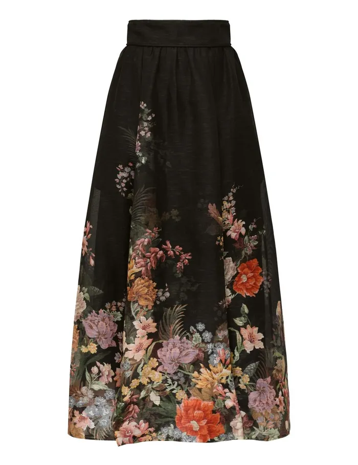 Women Skirts Zimmermann Pavilion Gathered Midi Skirt Black Multi Floral