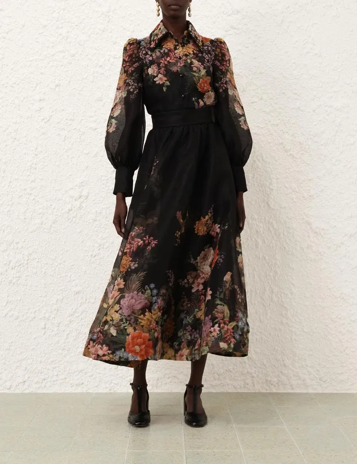 Women Skirts Zimmermann Pavilion Gathered Midi Skirt Black Multi Floral