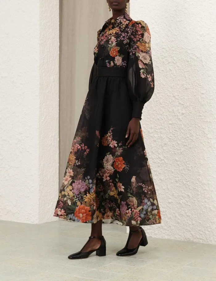 Women Skirts Zimmermann Pavilion Gathered Midi Skirt Black Multi Floral