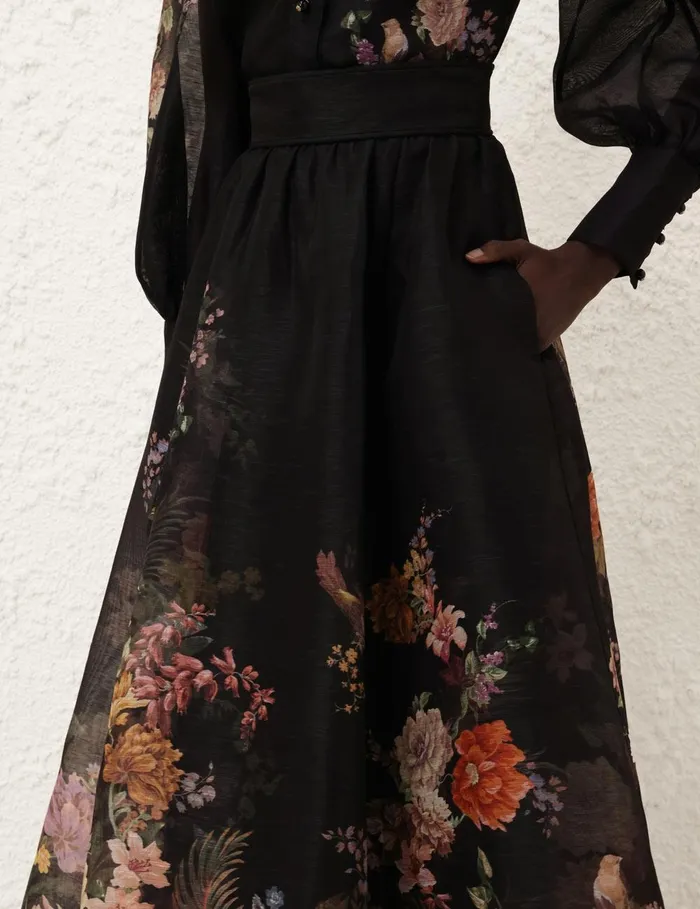 Women Skirts Zimmermann Pavilion Gathered Midi Skirt Black Multi Floral