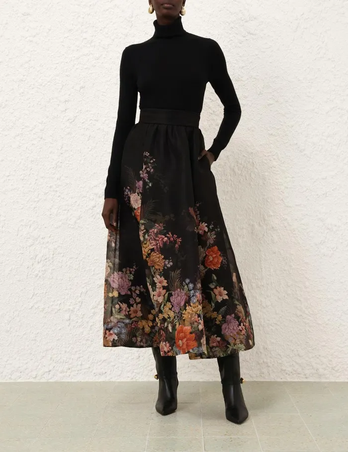Women Skirts Zimmermann Pavilion Gathered Midi Skirt Black Multi Floral