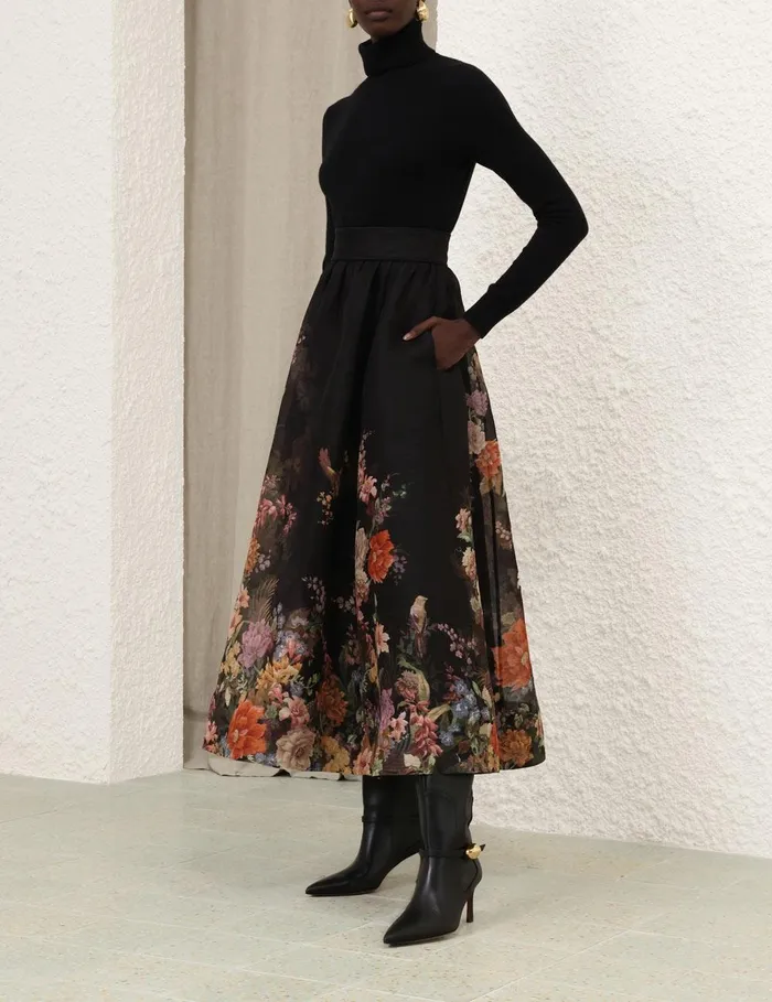 Women Skirts Zimmermann Pavilion Gathered Midi Skirt Black Multi Floral