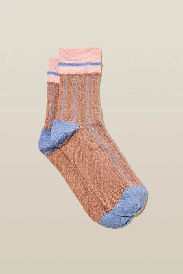Women Socks Cotton On Stripe Mesh Crew Sock Mochablue Stripe
