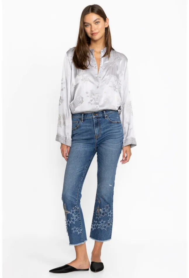 Women Stars Dance Cropped Baby Boot Jean Vintage Aged Wash Johnny Was Bottoms