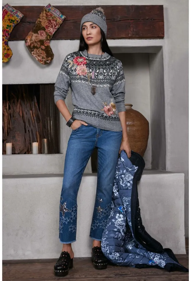 Women Stars Dance Cropped Baby Boot Jean Vintage Aged Wash Johnny Was Bottoms