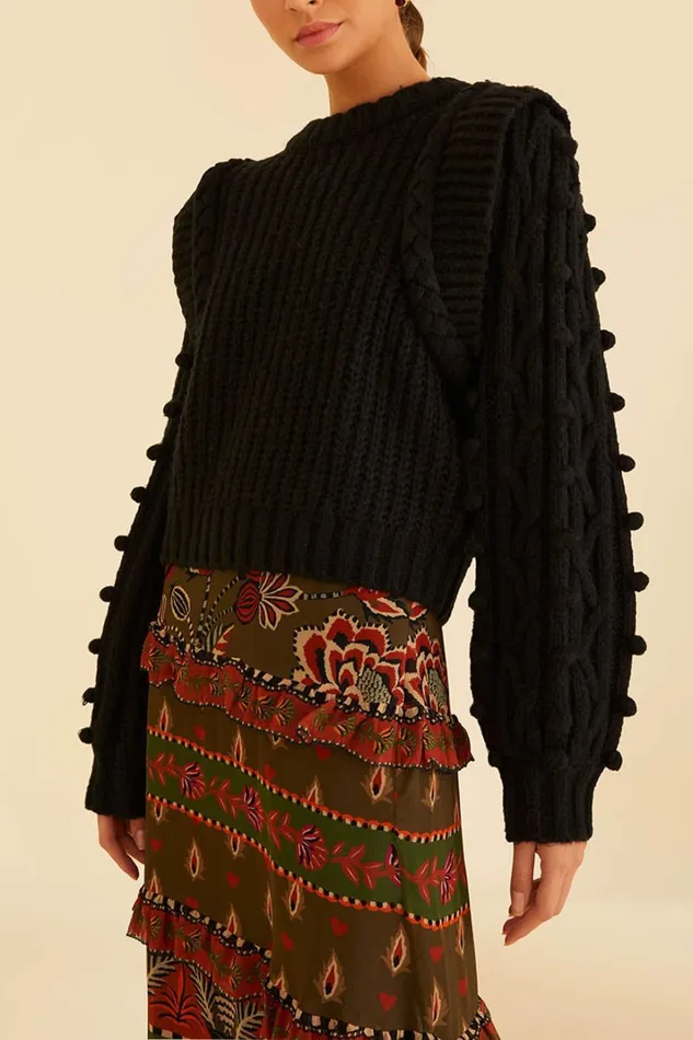 Women Sweaters and Sweatshirts Farm Rio Black Braided Sweater
