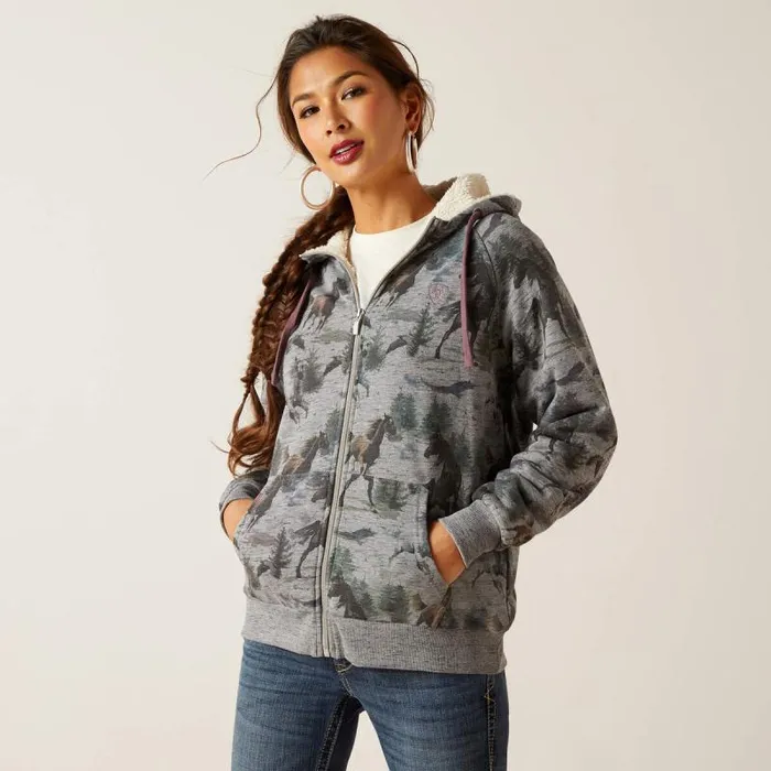 Women Sweatshirts and Hoodies Ariat REAL Sherpa Full Zip Hoodie Misty Horse Print