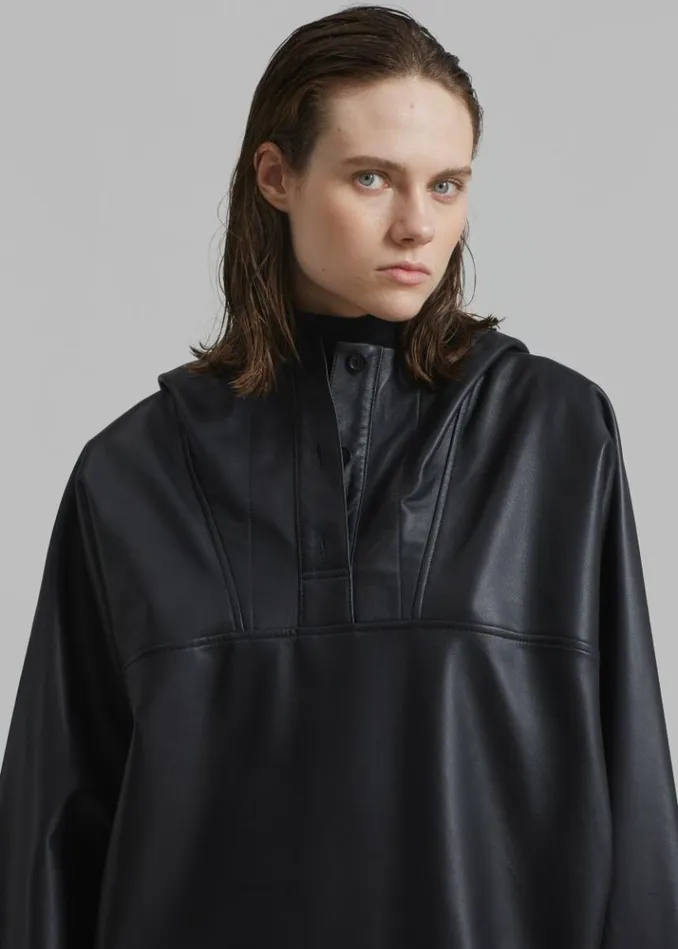 Women The Frankie Shop Kevin Leather Hooded Overshirt 8211 Black Black