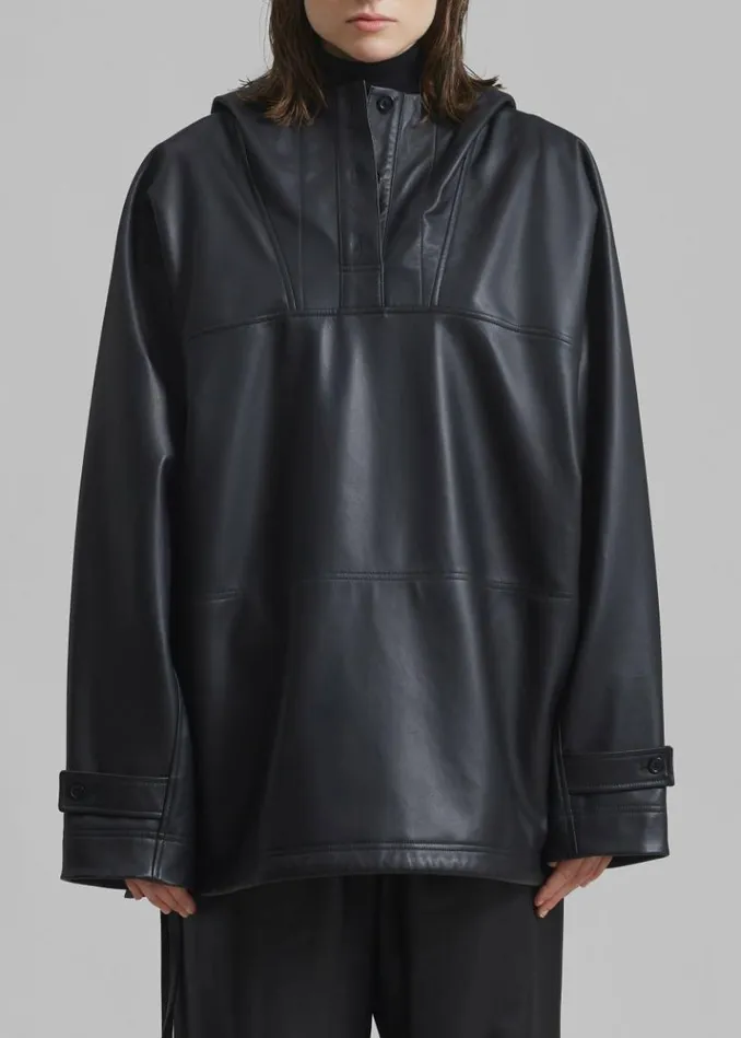 Women The Frankie Shop Kevin Leather Hooded Overshirt 8211 Black Black