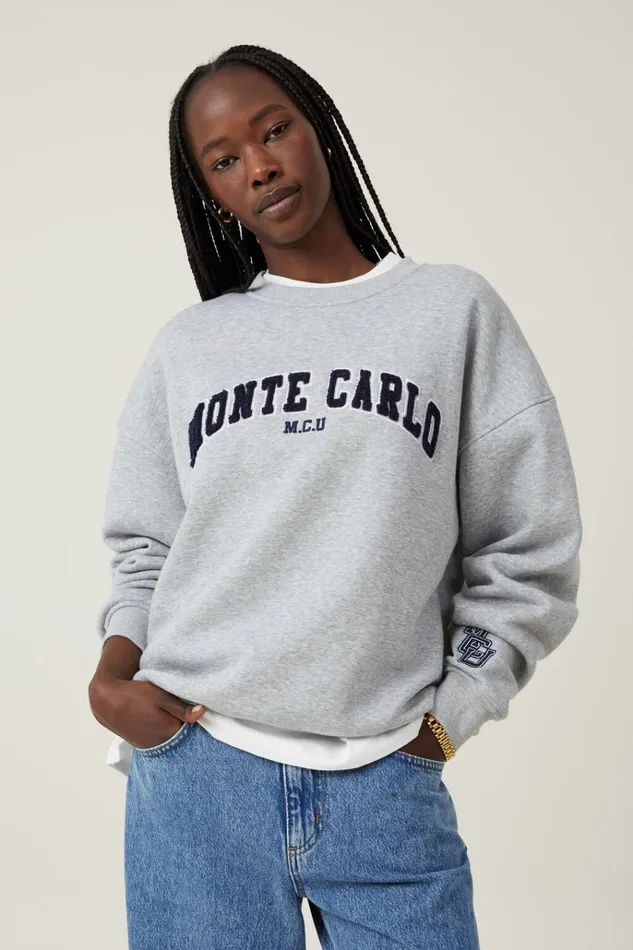 Women Tops Cotton On Classic Fleece Graphic Crew Sweatshirt Monte Carlo Grey Marle
