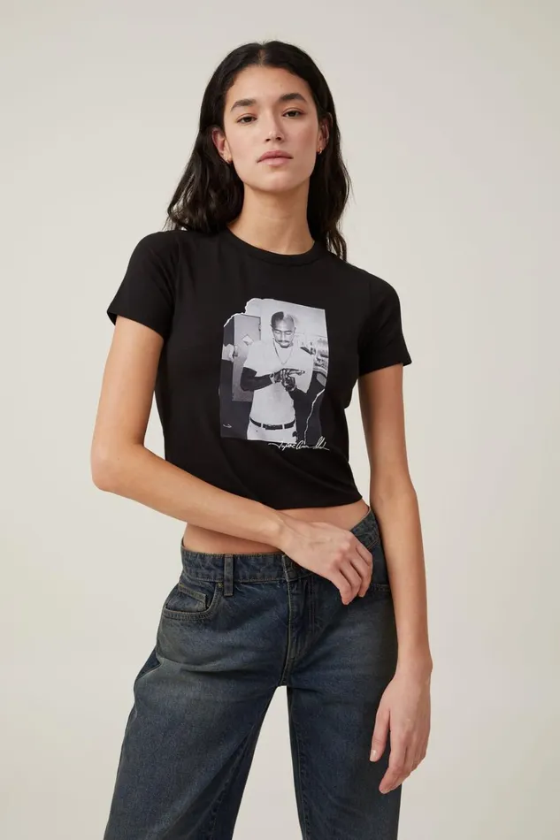 Women Tops Cotton On Fitted Graphic Music Longline Tee Lcn Bra 2pac Ripped Pagesblack
