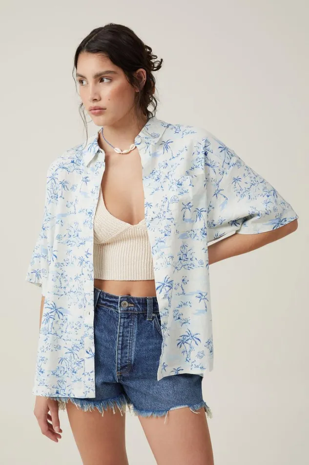 Women Tops Cotton On Haven Short Sleeve Shirt Tropical Toile Pacific Blue