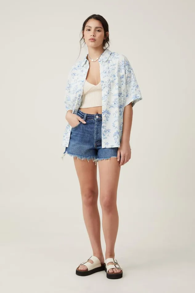 Women Tops Cotton On Haven Short Sleeve Shirt Tropical Toile Pacific Blue Women Tops Cotton On Haven Short Sleeve Shirt Tropical Toile Pacific Blue