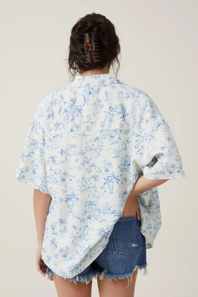 Women Tops Cotton On Haven Short Sleeve Shirt Tropical Toile Pacific Blue Women Tops Cotton On Haven Short Sleeve Shirt Tropical Toile Pacific Blue