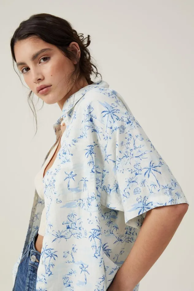 Women Tops Cotton On Haven Short Sleeve Shirt Tropical Toile Pacific Blue Women Tops Cotton On Haven Short Sleeve Shirt Tropical Toile Pacific Blue