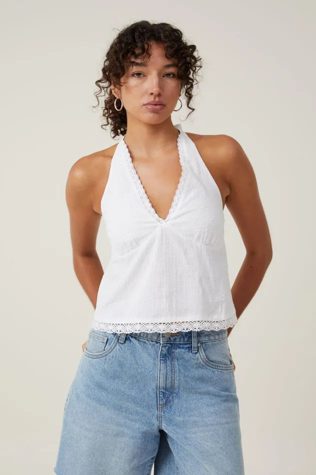 Women Tops Cotton On Lace Trim Halter Top White