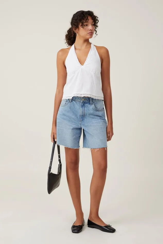 Women Tops Cotton On Lace Trim Halter Top White