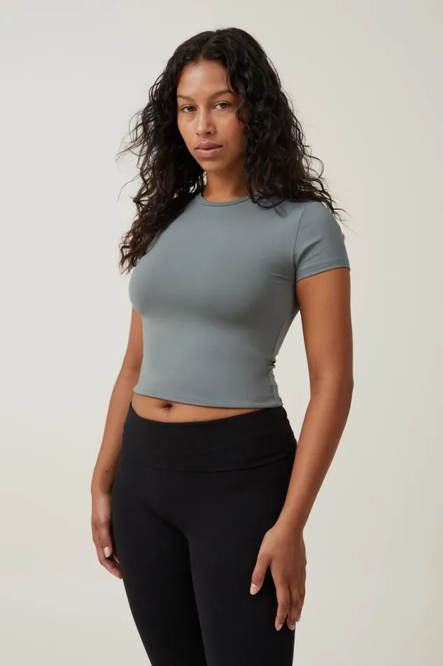 Women Tops Cotton On Luxe Crew Neck Short Sleeve Top Khaki