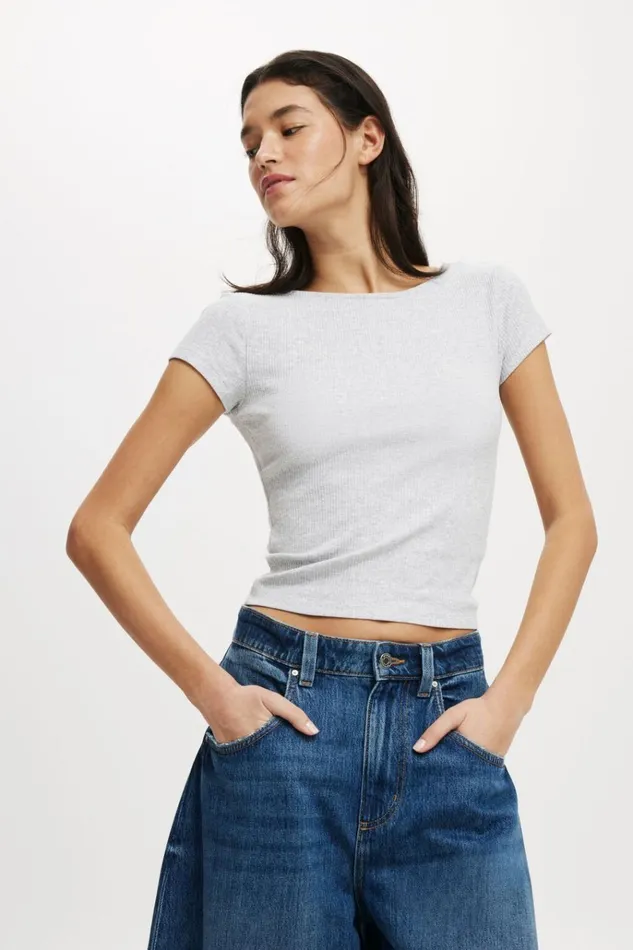 Women Tops Cotton On Mia Low Back Short Sleeve Top Grey Marle