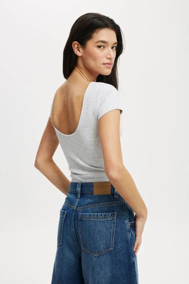 Women Tops Cotton On Mia Low Back Short Sleeve Top Grey Marle
