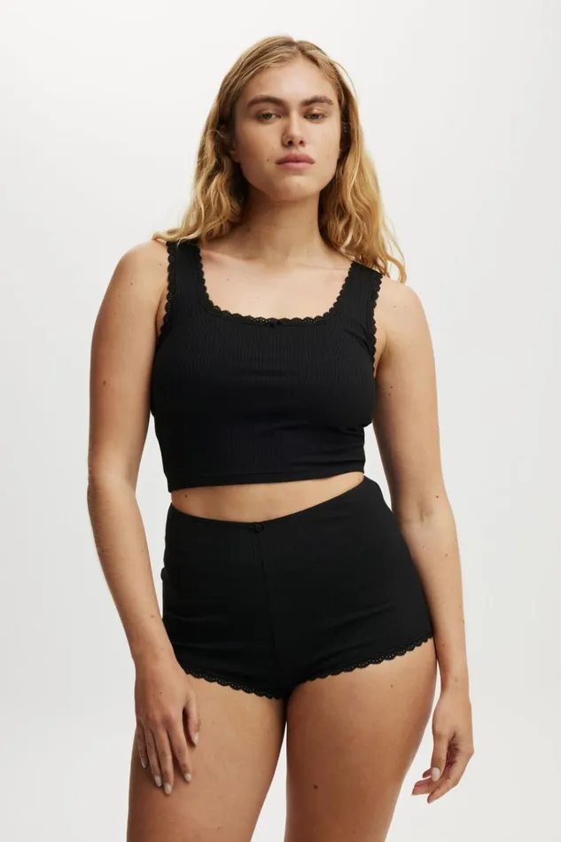 Women Tops Cotton On Rib Lace Tank Black